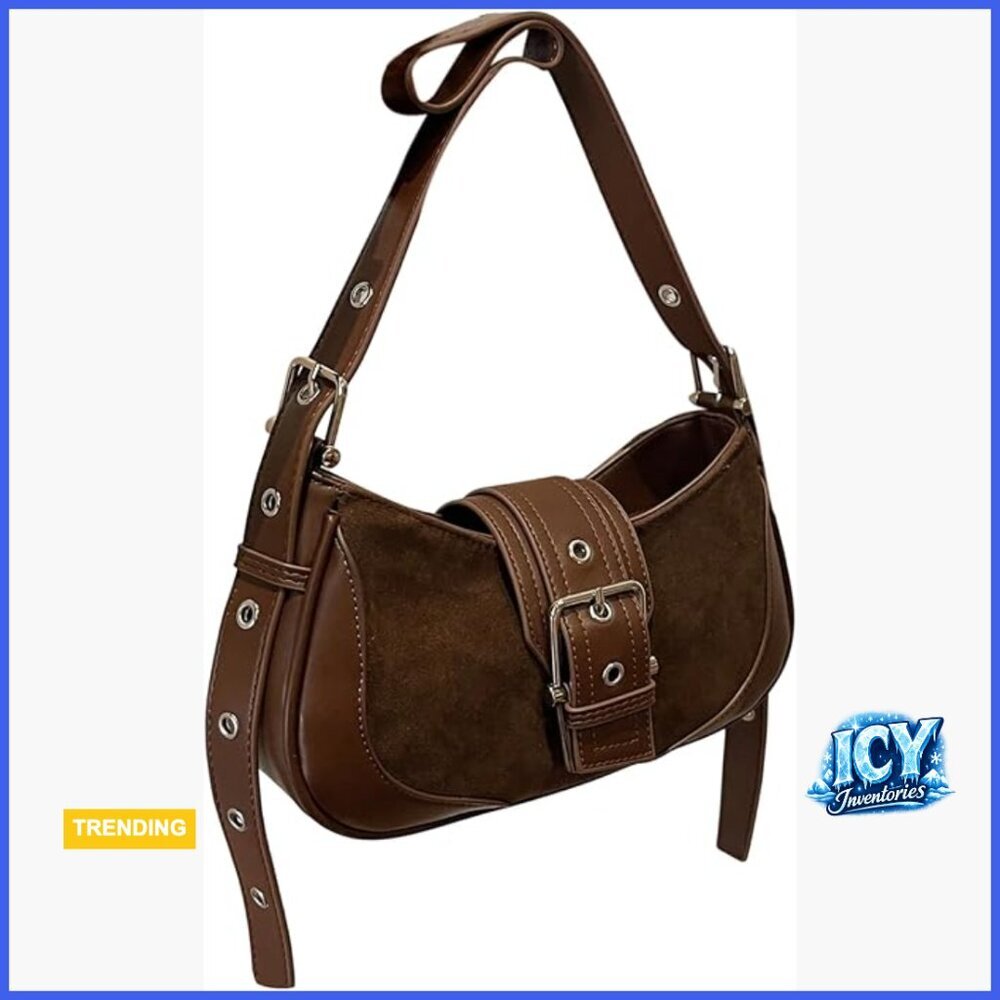 Faux Suede Shoulder Bag with Western Buckle Y2K Style